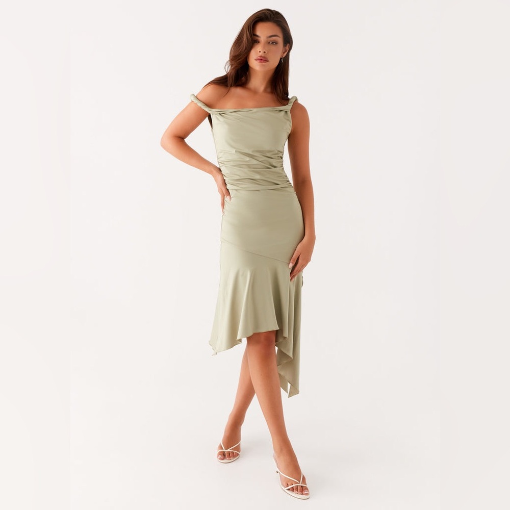 Peppermayo Huntah Midi Dress Sage size XS Stretchy off shoulder
